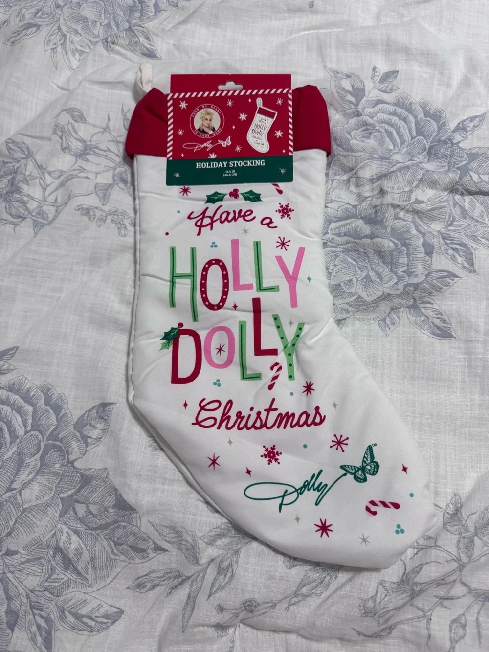 Dolly Parto  White Holiday Stocking with Red, Green & Pink Lettering